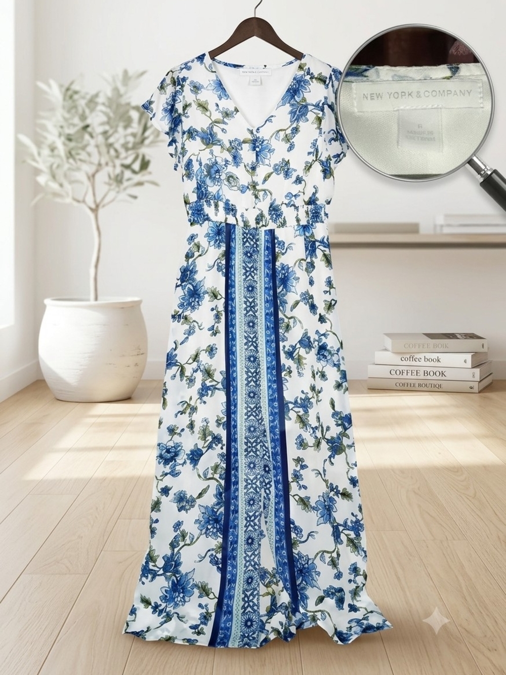 New York & Company White Maxi Dress with Blue Floral Border